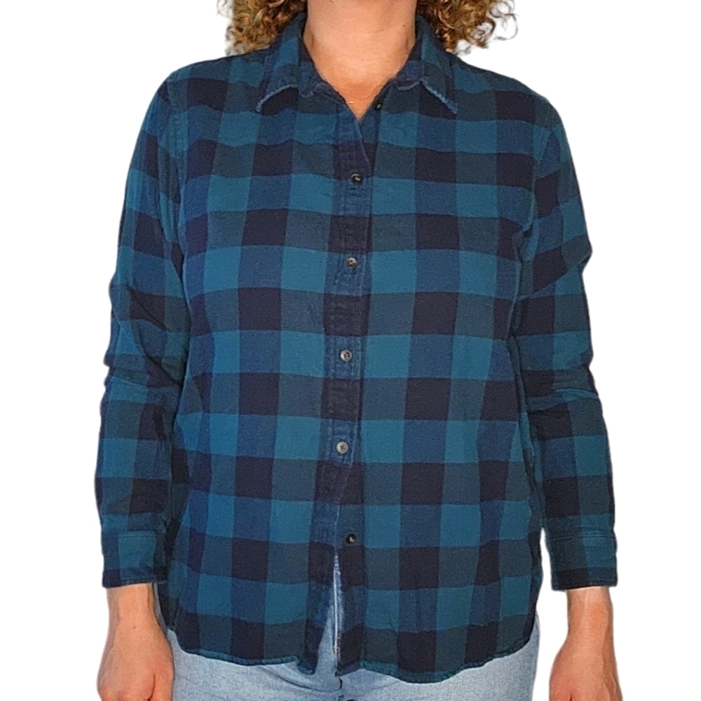 Uniqlo Size Large Long Sleeve Blue Plaid Button Up Cotton Shirt